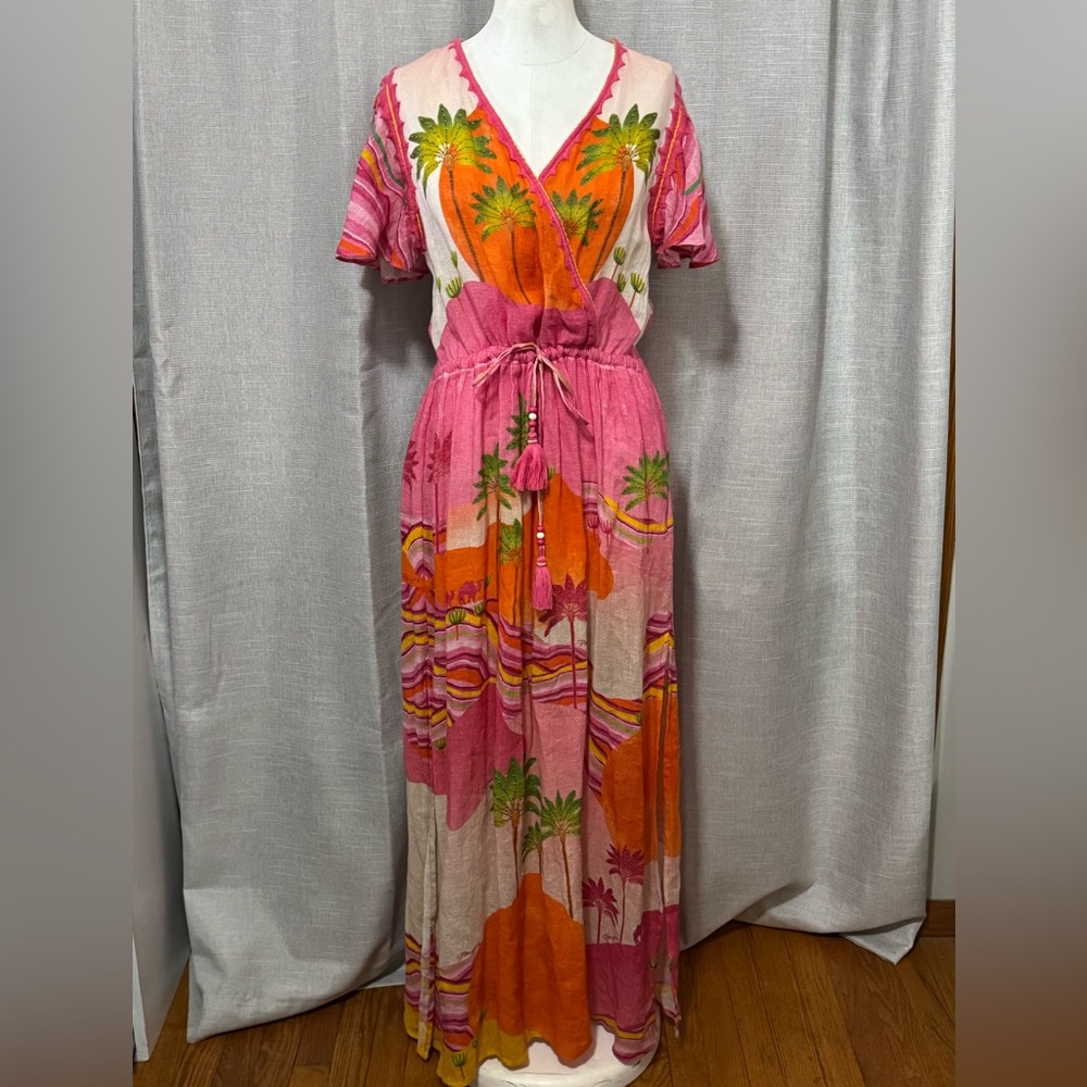 Pin-Up Stars Linen Maxi Dress-Sz S-Flutter Sleeve-Pink/Orange/Green-Sexy V Neck